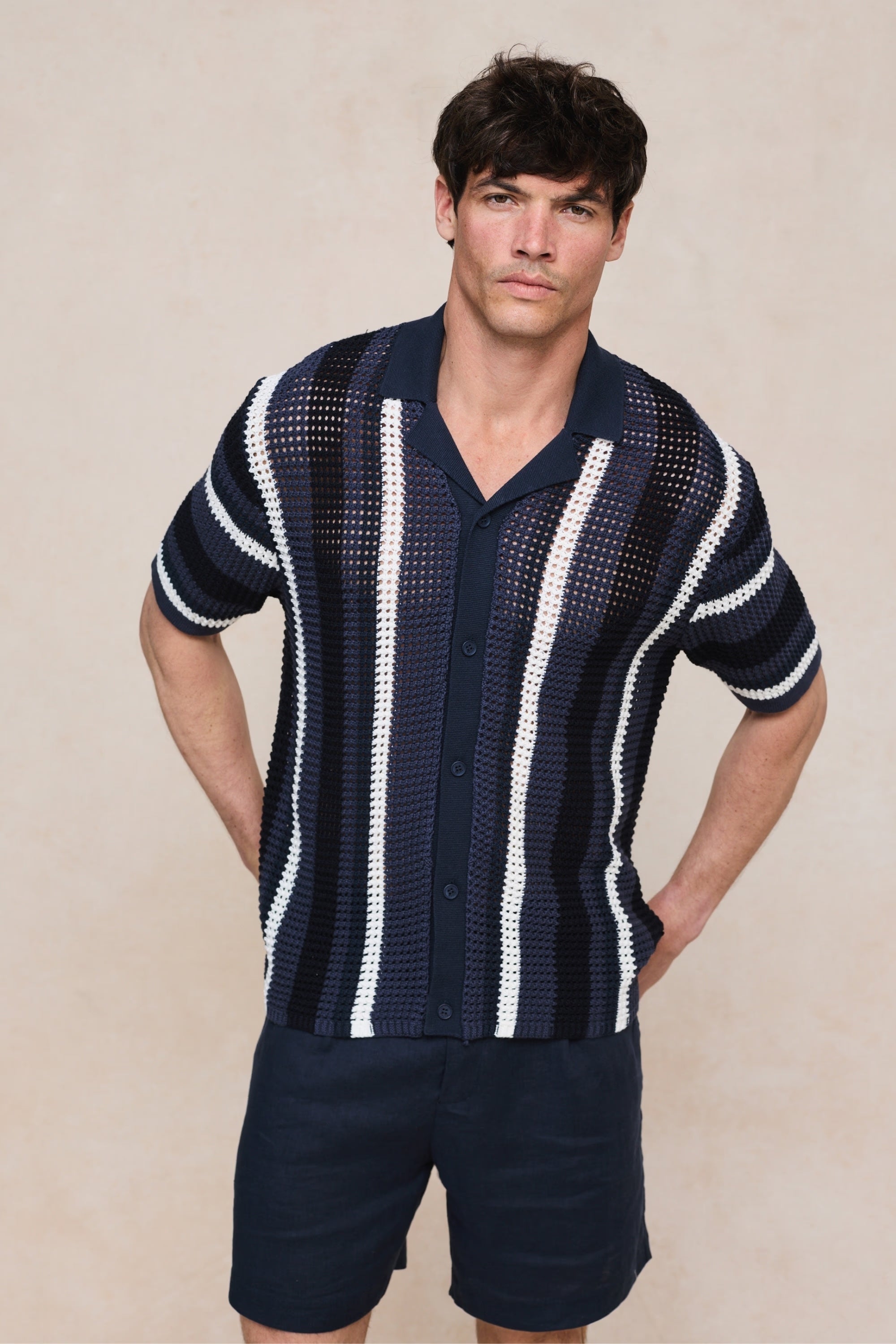 Vertical Stripe Crochet Knit Shirt
