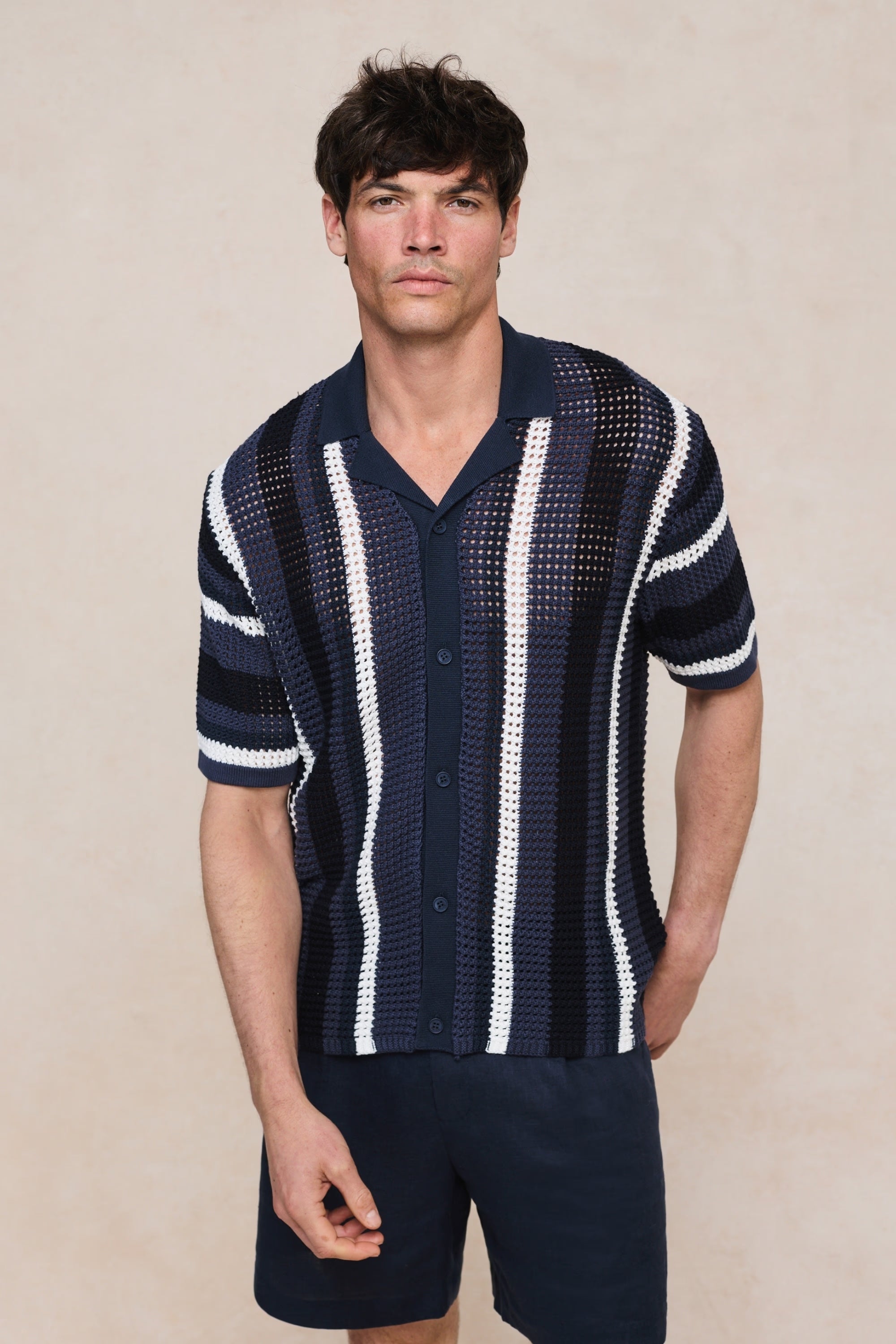 Vertical Stripe Crochet Knit Shirt