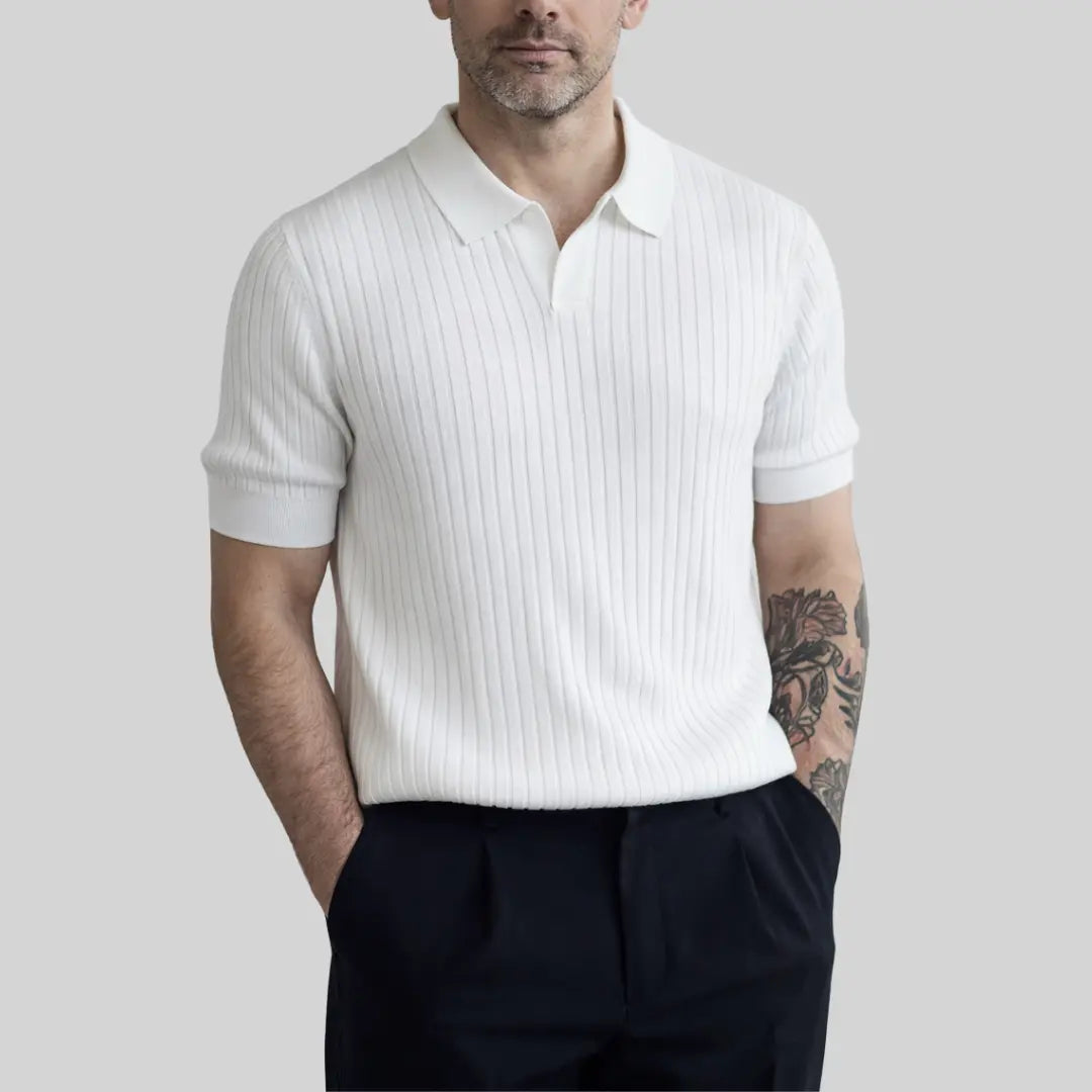 Polo Rafello – V-Cou en Maille Côtelée Blanche Rafello&Co