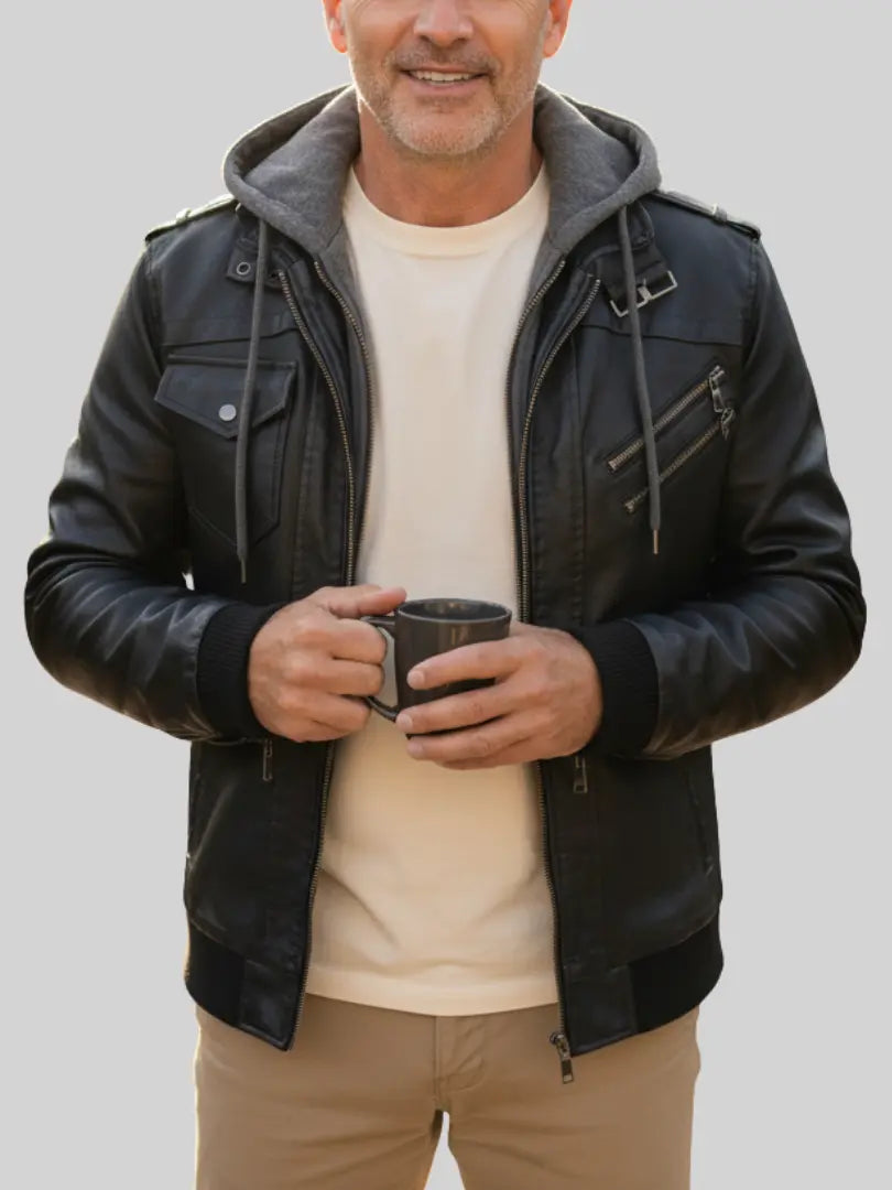 Rafello&Co | Leren Jas met Verwijderbare Capuchon Rafello&Co