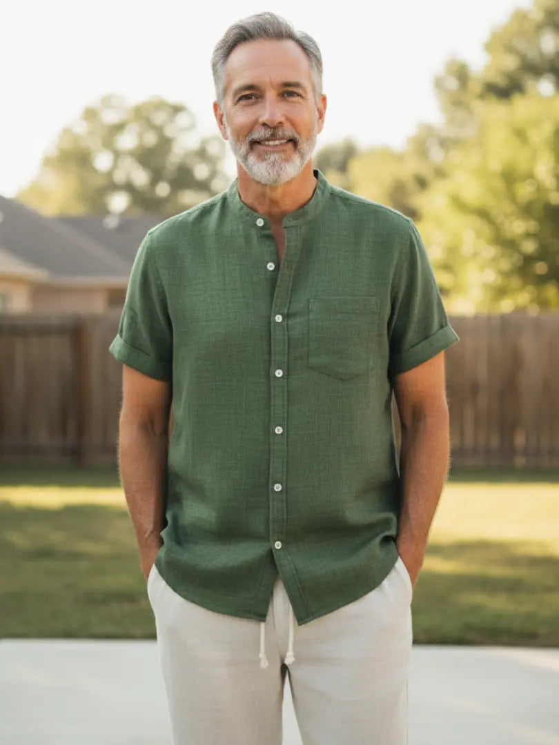 Rafello&Co | Linnen shirt met opstaande kraag en rechte broek Rafello&Co