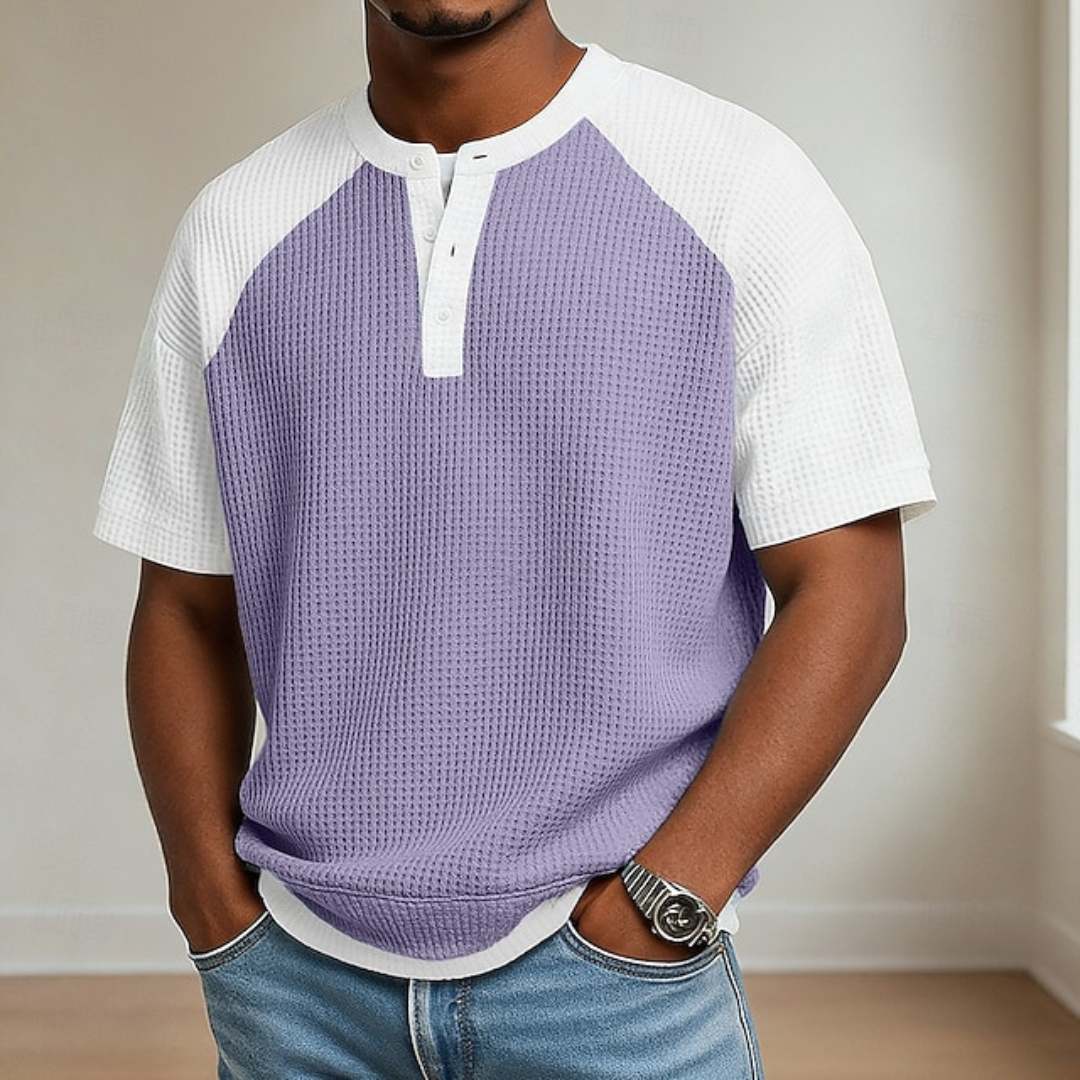 Wafelgebreid colorblock Henley T-shirt voor heren