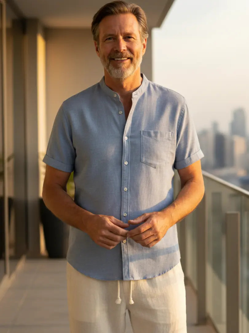 Rafello&Co | Linnen shirt met opstaande kraag en rechte broek Rafello&Co