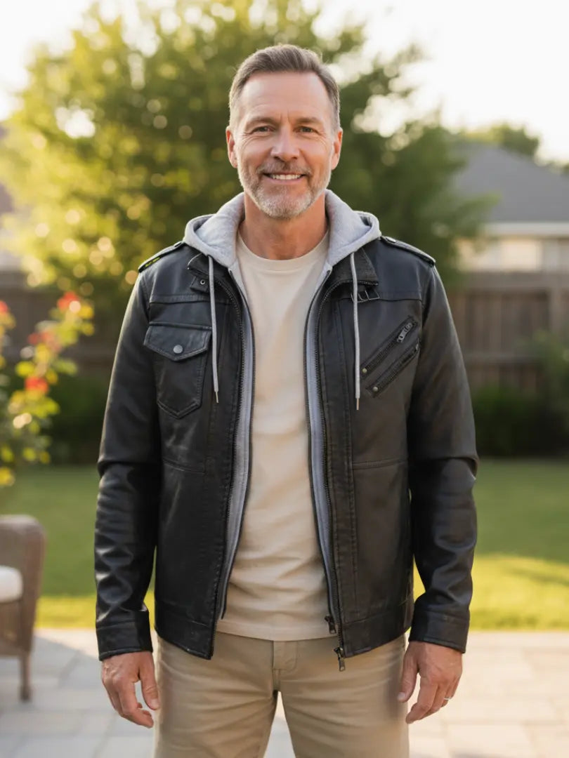 Rafello&Co | Leren Jas met Verwijderbare Capuchon Rafello&Co