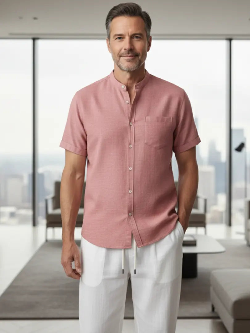 Rafello&Co | Linnen shirt met opstaande kraag en rechte broek Rafello&Co