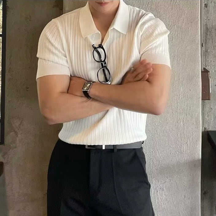 Rafello Polo Shirt – White Ribbed V-Neck