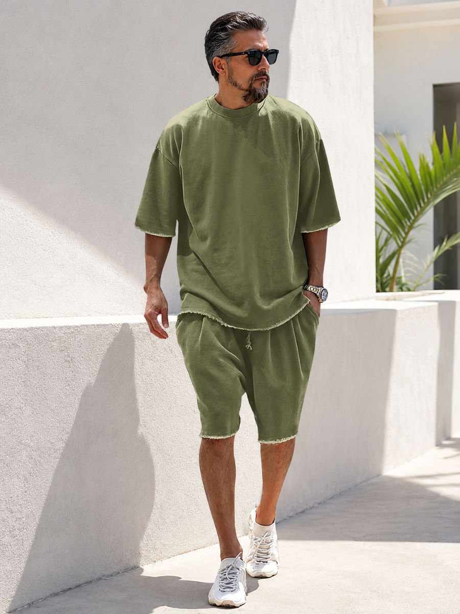 Men’s Relaxed Raw-Edge Shorts Set