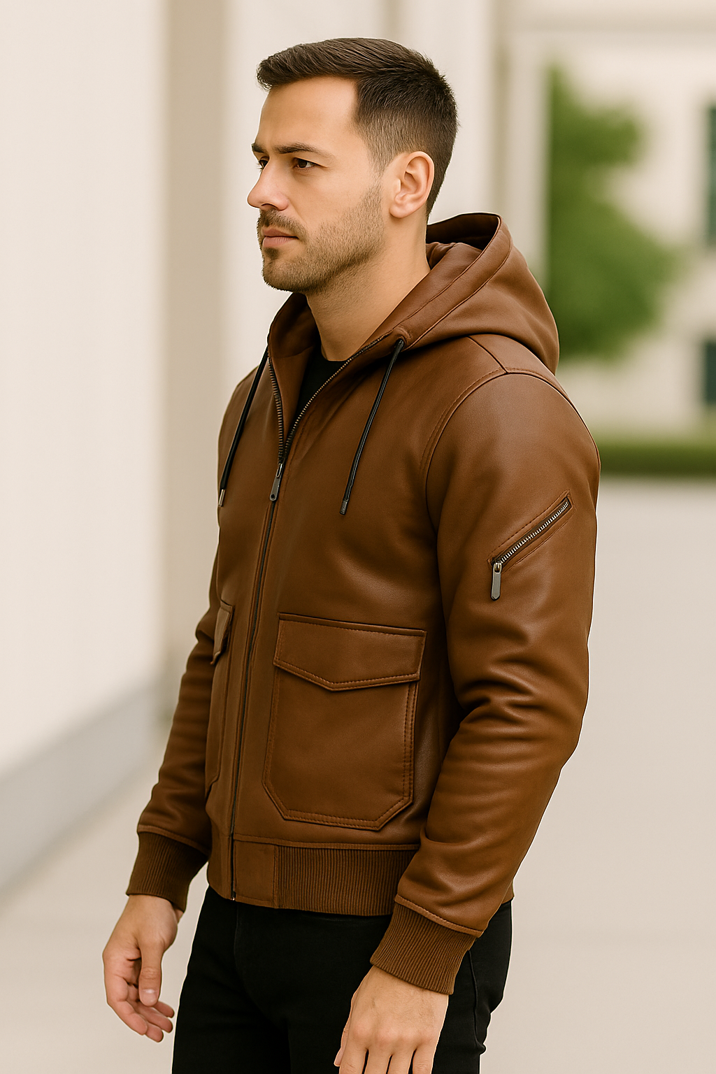 Rafello&Co | Warme Leren Jas met Afneembare Capuchon