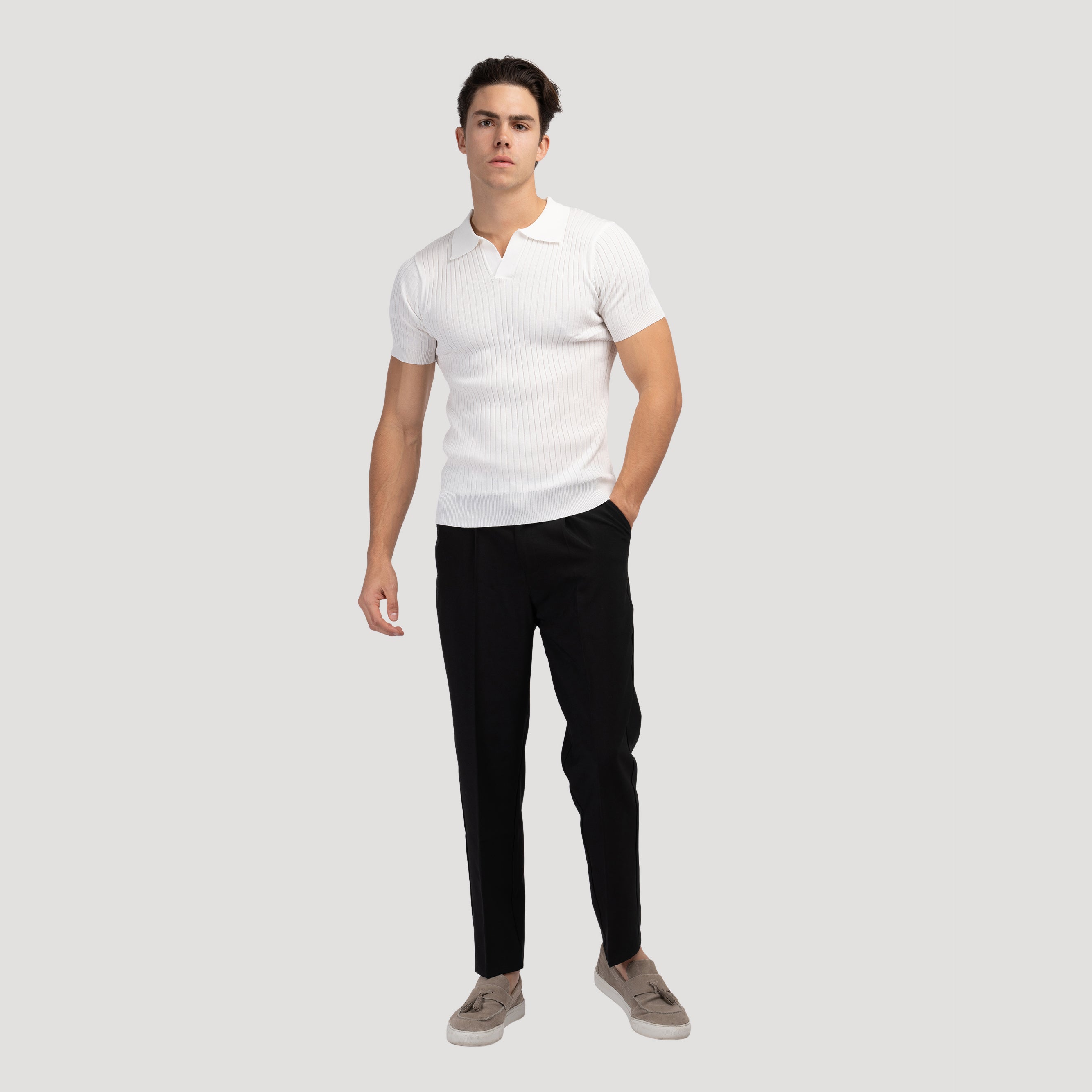 Rafello Polo Shirt – White Ribbed V-Neck