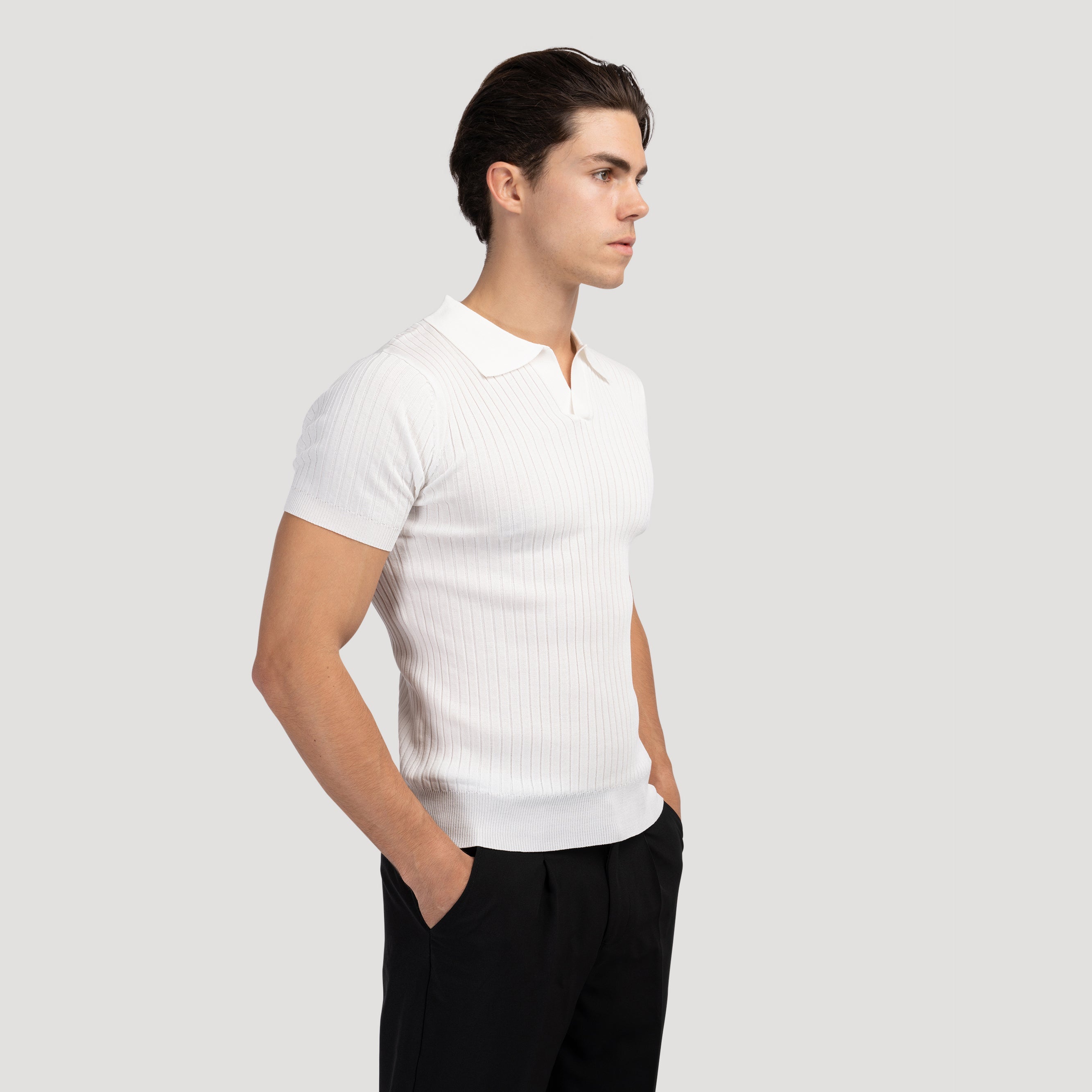 Rafello Polo Shirt – White Ribbed V-Neck