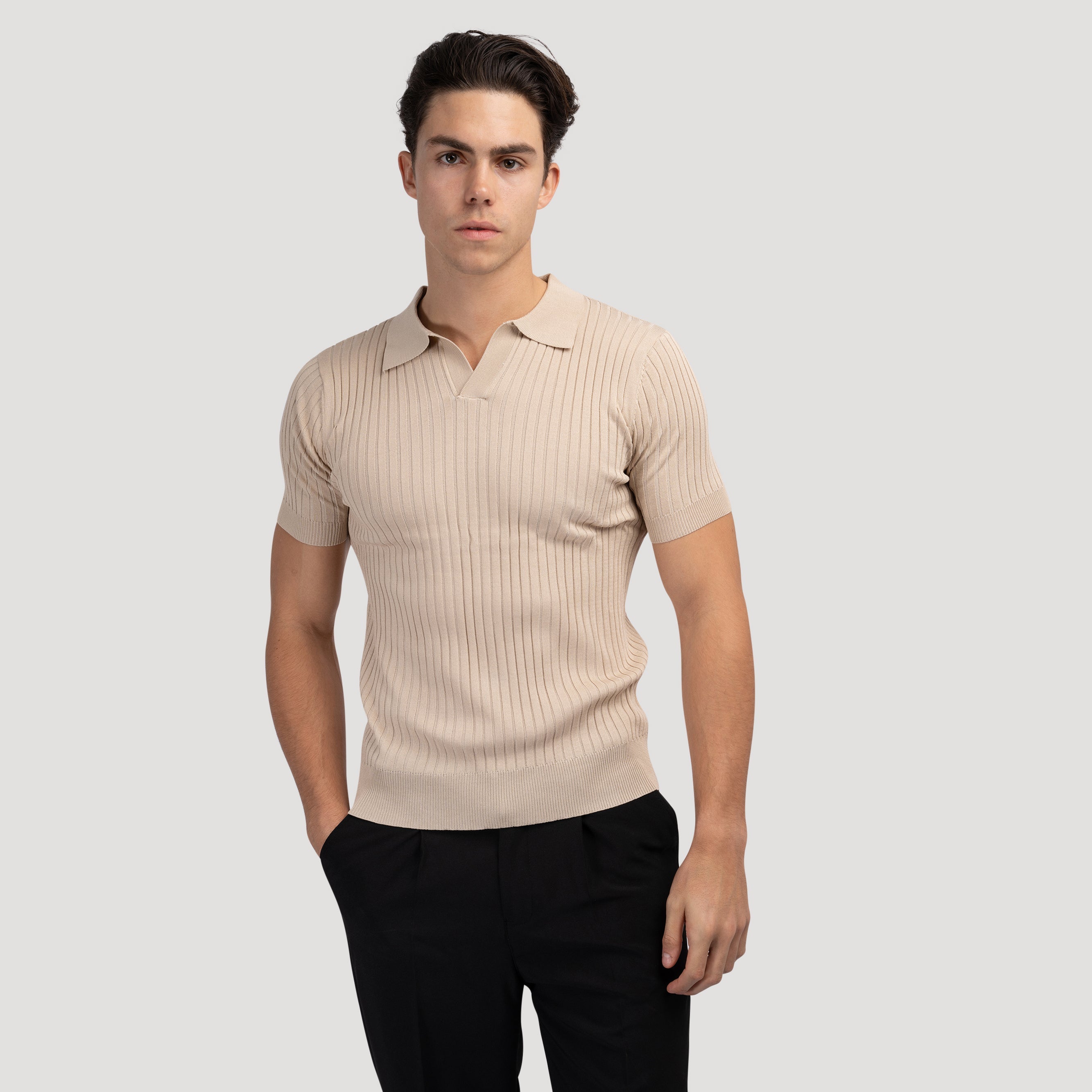 Rafello Polo Shirt – White Ribbed V-Neck