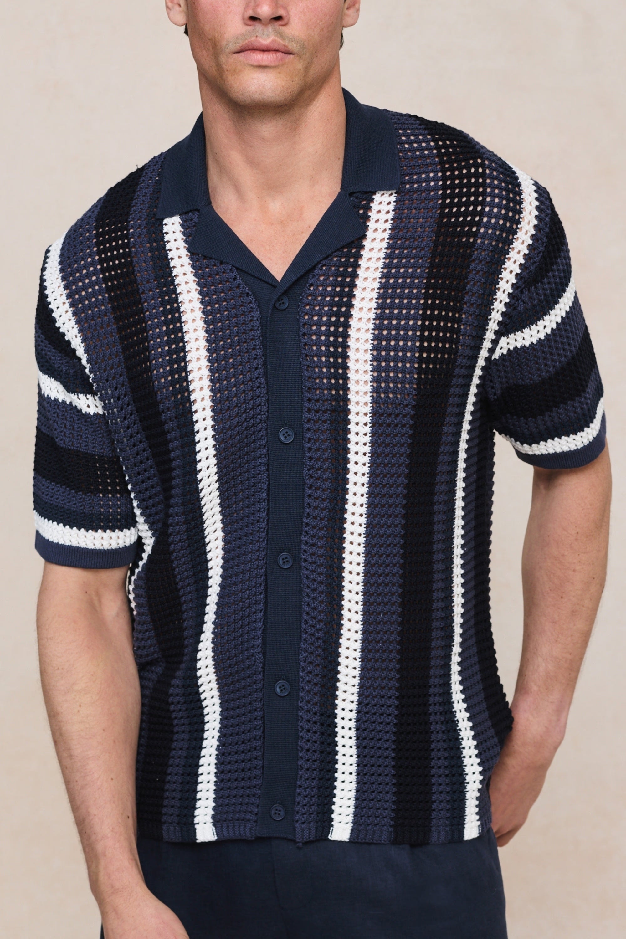 Vertical Stripe Crochet Knit Shirt