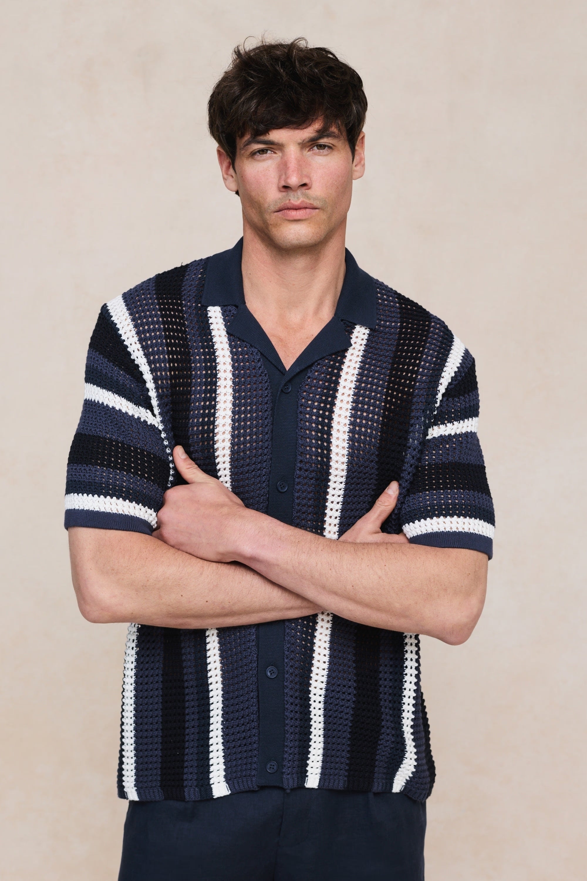 Vertical Stripe Crochet Knit Shirt
