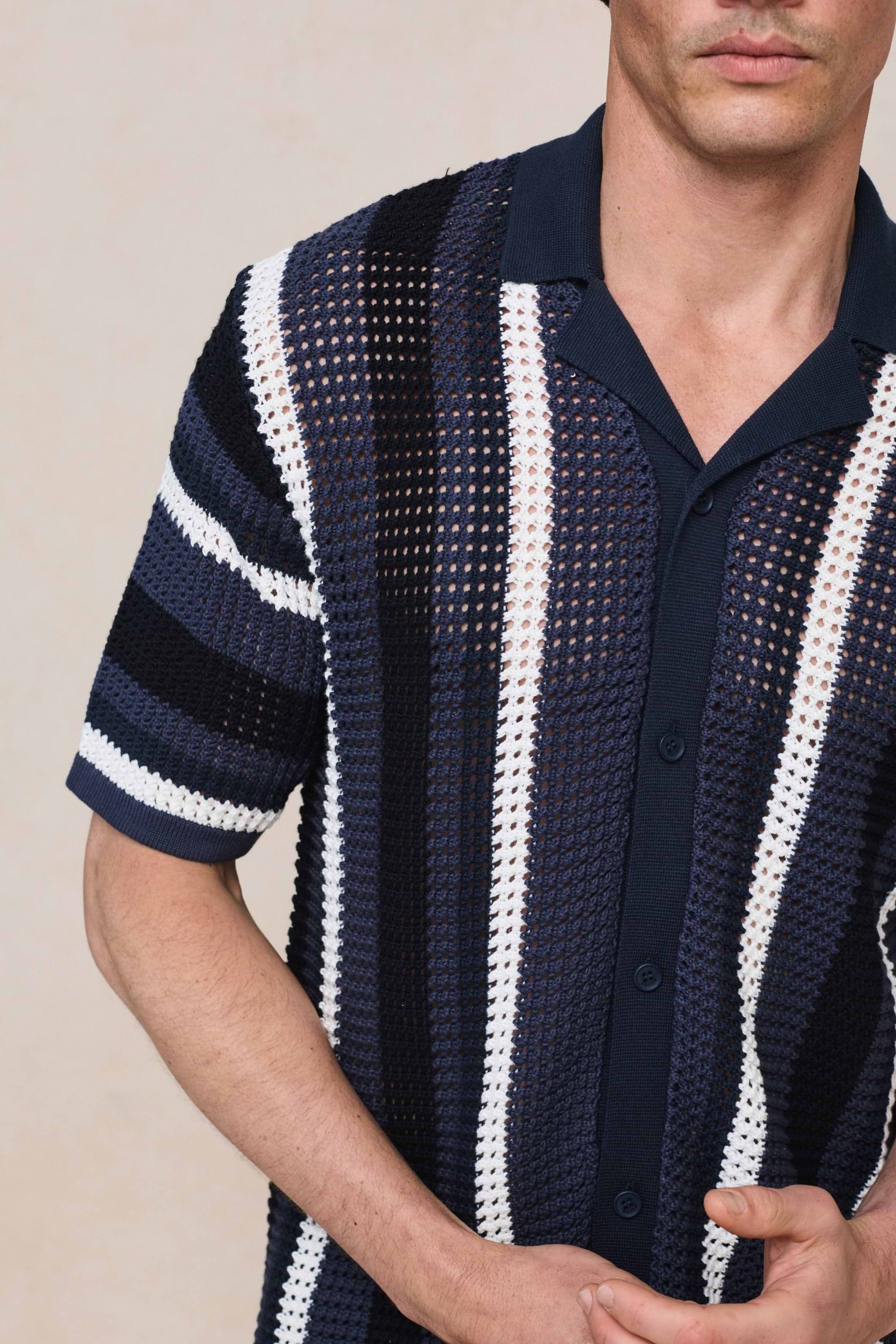 Vertical Stripe Crochet Knit Shirt