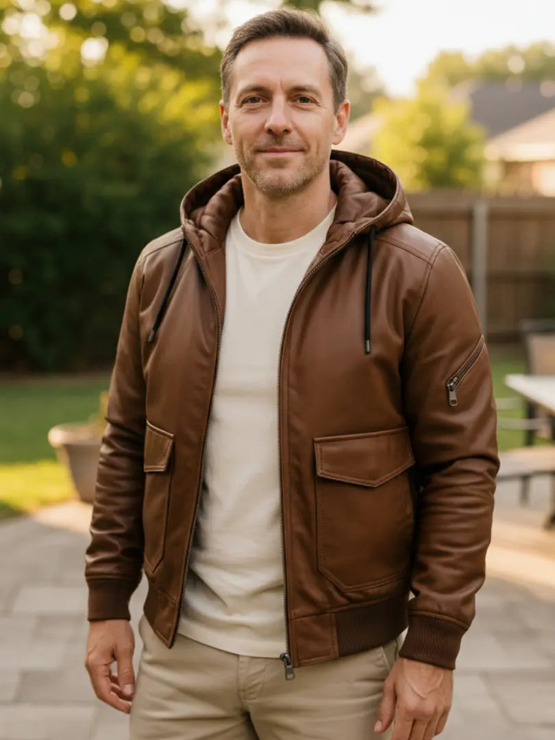 Rafello&Co | Warme Leren Jas met Afneembare Capuchon Rafello&Co