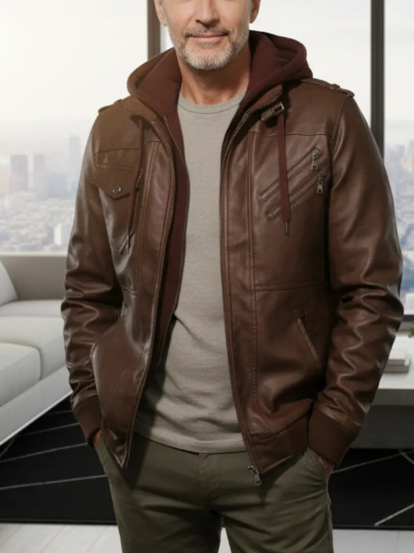 Rafello&Co | Leren Jas met Verwijderbare Capuchon Rafello&Co