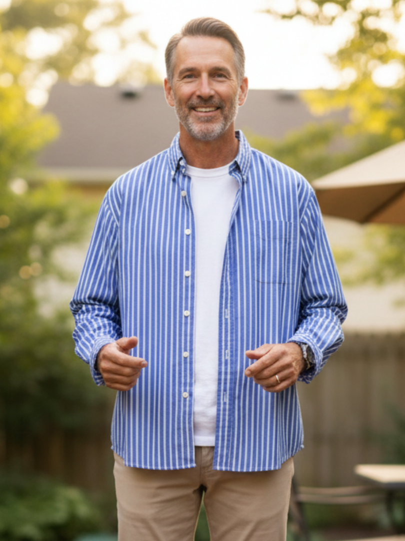 Rafello's oversized striped shirt