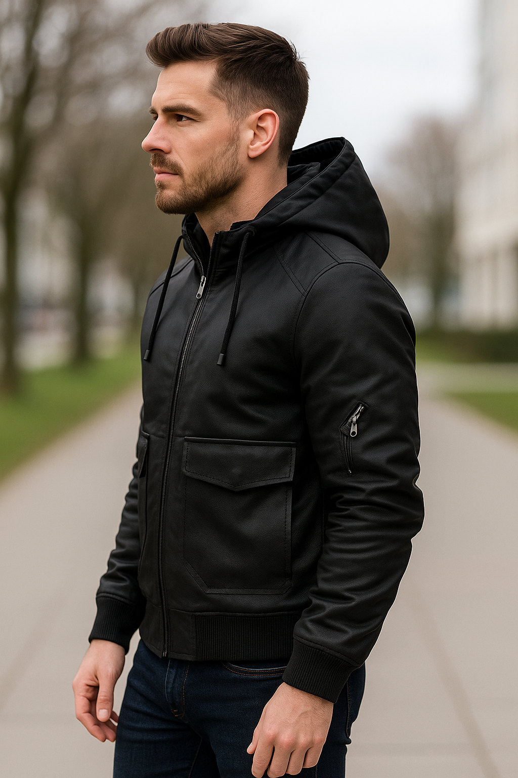 Rafello&Co | Warme Leren Jas met Afneembare Capuchon