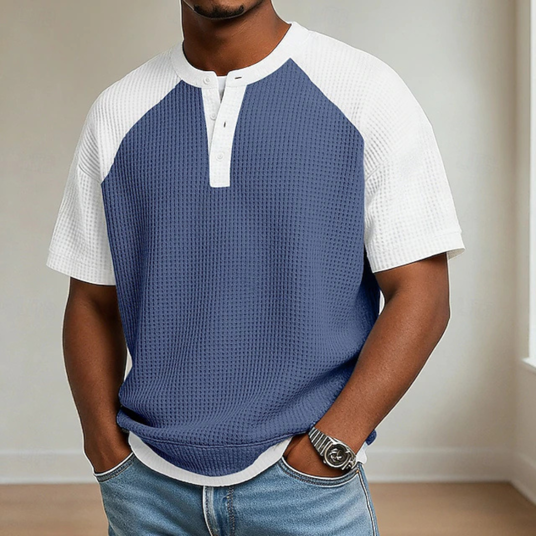 Wafelgebreid colorblock Henley T-shirt voor heren