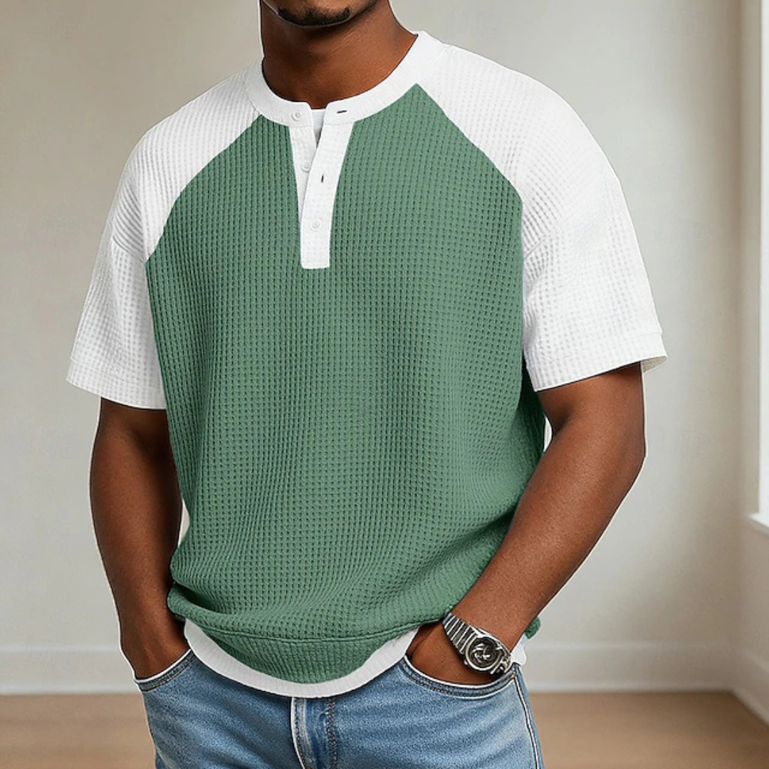 Wafelgebreid colorblock Henley T-shirt voor heren