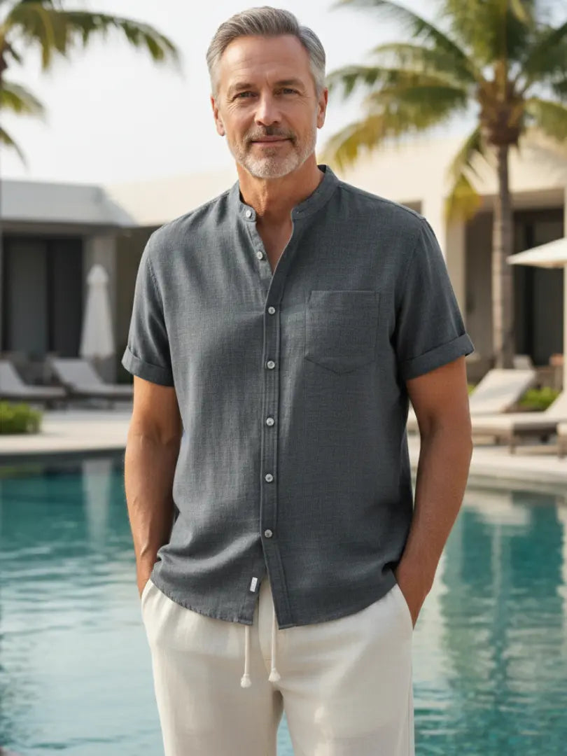 Rafello&Co | Linnen shirt met opstaande kraag en rechte broek Rafello&Co