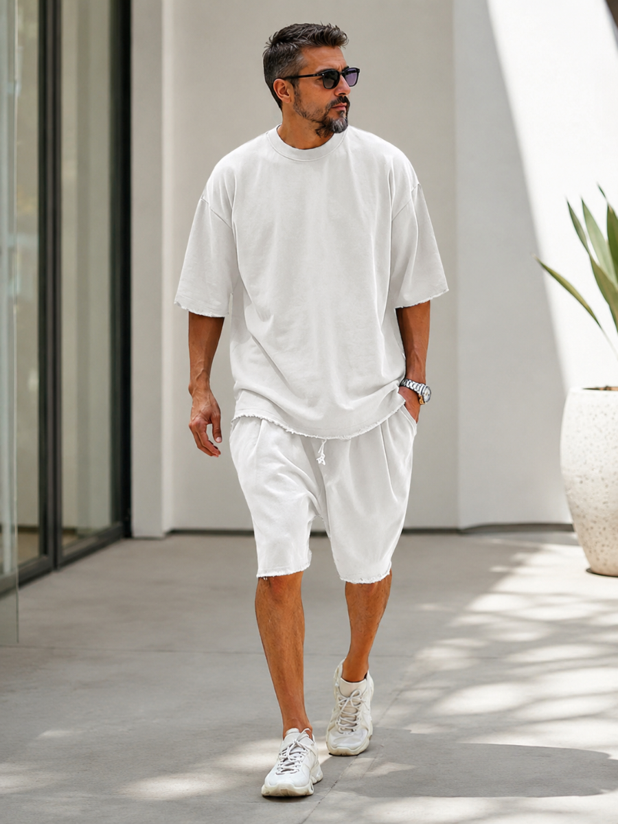 Men’s Relaxed Raw-Edge Shorts Set