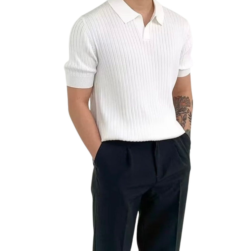 Rafello Polo Shirt – White Ribbed V-Neck
