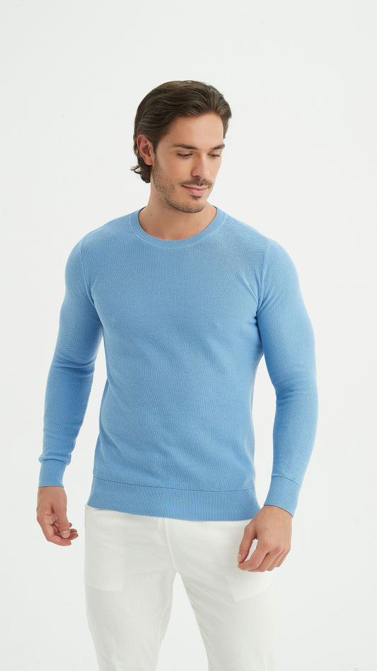 Round-neck cotton pique sweater - Blue