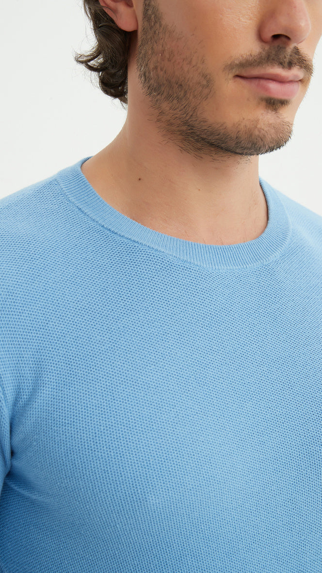 Round-neck cotton pique sweater - Blue