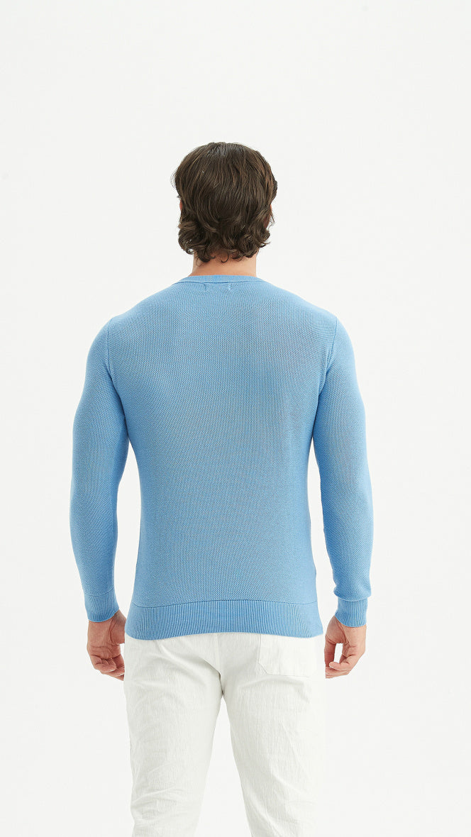 Round-neck cotton pique sweater - Blue